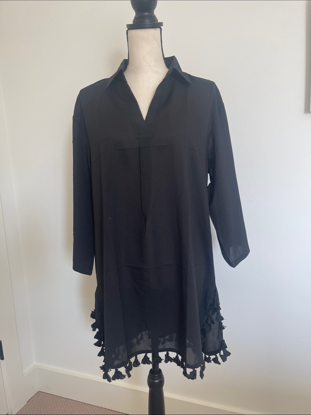 Black Tassel-Hem V-Neck Swim Cover Up